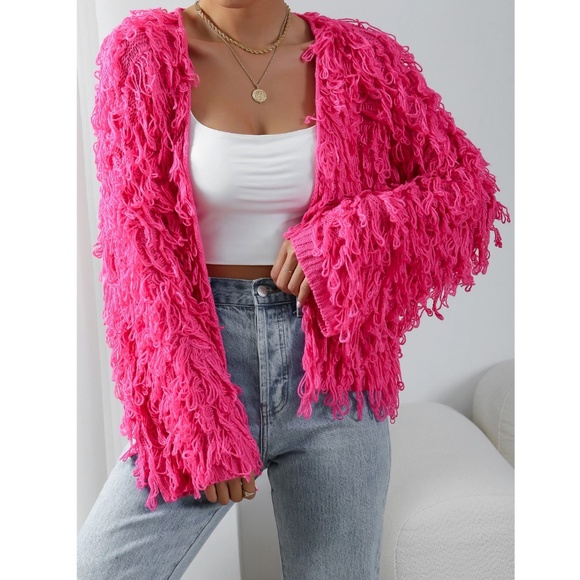 Hot Pink Fuzzy Open Knit Cardigan - Picture 7 of 9